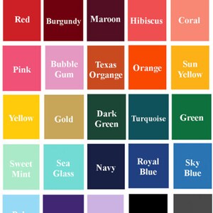 K&ouml;nnte beinhalten: Eine Farbkarte mit 25 verschiedenen Farbmustern, wobei der Name jeder Farbe unter dem Muster steht. Die Farben umfassen Rot, Burgunder, Rotbraun, Hibiskus, Koralle, Rosa, Kaugummi, Texas Orange, Orange, Sonnen Gelb, Gelb, Gold, Dunkelgr&uuml;n, T&uuml;rkis, Gr&uuml;n, S&uuml;&szlig;minze, Meerglas, Marineblau, K&ouml;nigsblau, Himmelblau, Hellblau, Lila, Flieder, Schwarz und Anthrazit.