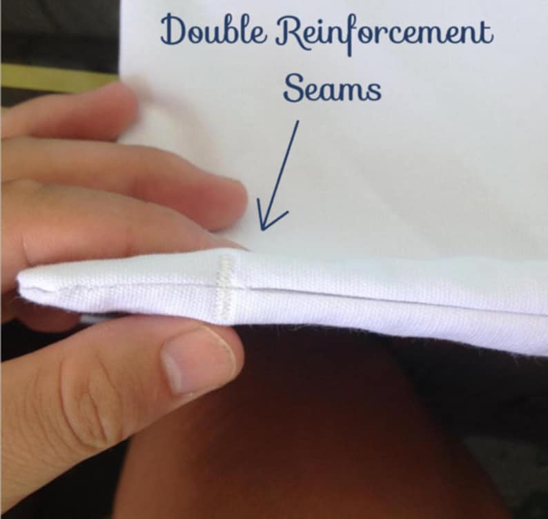 K&ouml;nnte beinhalten: Nahaufnahme einer wei&szlig;en Stoffnaht mit dem Text "Double Reinforcement Seams" dar&uuml;ber.