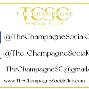 K&ouml;nnte beinhalten: Eine gelbe und goldene Grafik mit dem Text "The Champagne Social Club" und Social-Media-Kontaktinformationen, darunter eine Facebook-, Instagram- und E-Mail-Adresse. Der Text "www.TheChampagneSocialClub.com" ist ebenfalls enthalten.