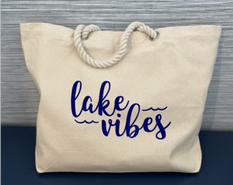 Lake Vibes Tote Bag, Lake Vibes Rope Tote, Rope Handle Boat Tote, Oversized Tote Bag