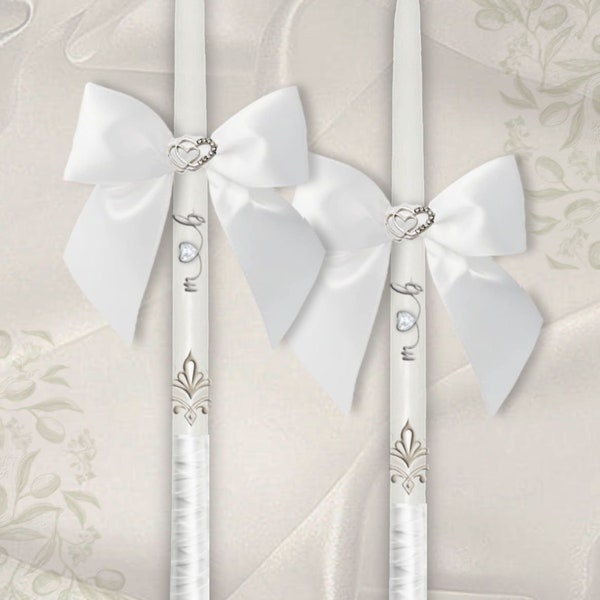 Pair of Greek Wedding candles, Orthodox Wedding lambathes with heart pendant on