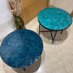 Zellige Table Diameter 60 cm, Round Blue Coffee Table, Moroccan Tiles Table,  Mosaic Coffee Table, Foldable Center Table for Homes