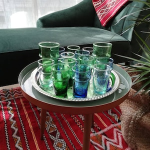 Set of 6 blue tea glasses, blown in the traditional way from recycled glass - Morocco