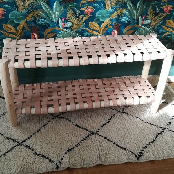 Banc en cuir tressé - Table basse en 2 étages Cuir Authentique naturel - bois brut Fait main- Marrakech