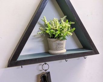 Two-tone triangle wall shelf with necklace hooks - Display succulents, jewelry or crystals on this handmade wood geometric art