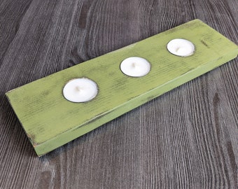 Shabby Chic wood tealight holder - Distressed Mossy Green rustic candle holder,  boho style wooden tea light centerpiece decor