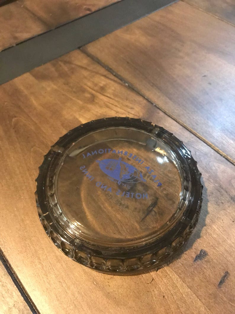 Man Cave Ashtray Vintage Plaza International Hotel and Inns Ashtray Clear Smokey Gray Ashtray Casino Style Gray Ashtray