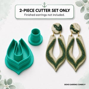 May include: A 2-piece teal plastic earring cutter set with a matching pair of marbled green and cream teardrop-shaped earrings. The text 2-PIECE CUTTER SET ONLY Finished earrings not included. and BOHO EARRING COMBO P are visible.
