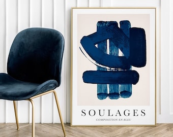 Soulages Composition en bleu  - Poster Art Print Soulages Poster Abstract Art Blue Poster