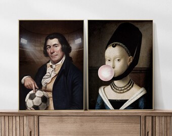 Impresiones artísticas de retratos divertidos: Fanático del fútbol y Chica chicle - Juego de 2