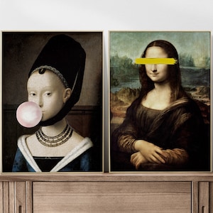 Zestaw 2 wydruków, Zestaw 2 grafików graficznych, Zestaw 2 plakatów Mona Lisa Dziewczyna z balonem Vinci Pop Klasyczna sztuka Zabawne plakaty