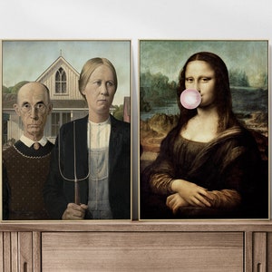 Mona Lisa & American Gothic Art Prints: Funny Pop Art Poster Set