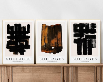 Juego de 3 láminas de arte moderno Soulages con diseño abstracto. Pósters en blanco y negro.
