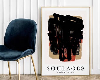 Soulages Lithographie No 8: Impresión de arte abstracto