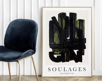 Póster Soulages Eau Forte VIII Negro Verde Oscuro Abstracto Lámina artística