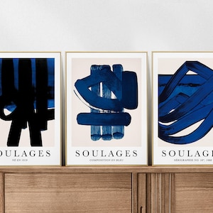 Lot de 3 affiches Soulages, bleu, affiches, peintures d'art abstrait moderne, géométrie de style