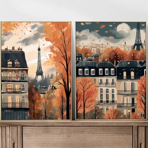 Conjunto de 2 impressões de outono em Paris, conjunto de 2 artes de parede, conjunto de 2 pôsteres de outono em Paris