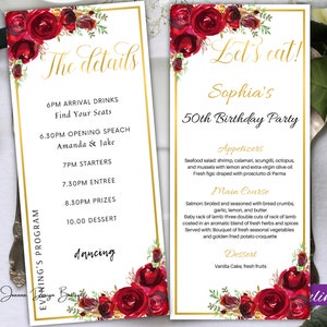 Modelo de cartão de menu e programa de rosas vermelhas Rosas vermelhas Cartão de menu dourado Programa de casamento Programa de festa de aniversário Modelo de cartões de menu dourado elegante, 16