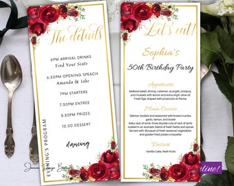 Red Roses Program and Menu Card Template Red Roses Gold Menu Card Wedding Program Birthday Party Program Gold Menu Cards Template Elegant,16
