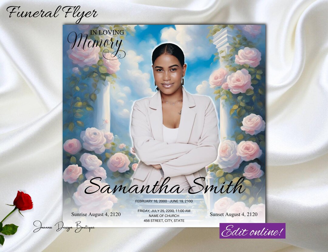 Pink Roses Funeral Announcement Flyer Memorial Invitation Heavens Gate ...