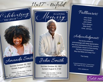 Blue Funeral Obituary Program Template Trifold Blue Silver Memorial Service for Man Men Obituary Ledger tri fold Order of Service,1-003f