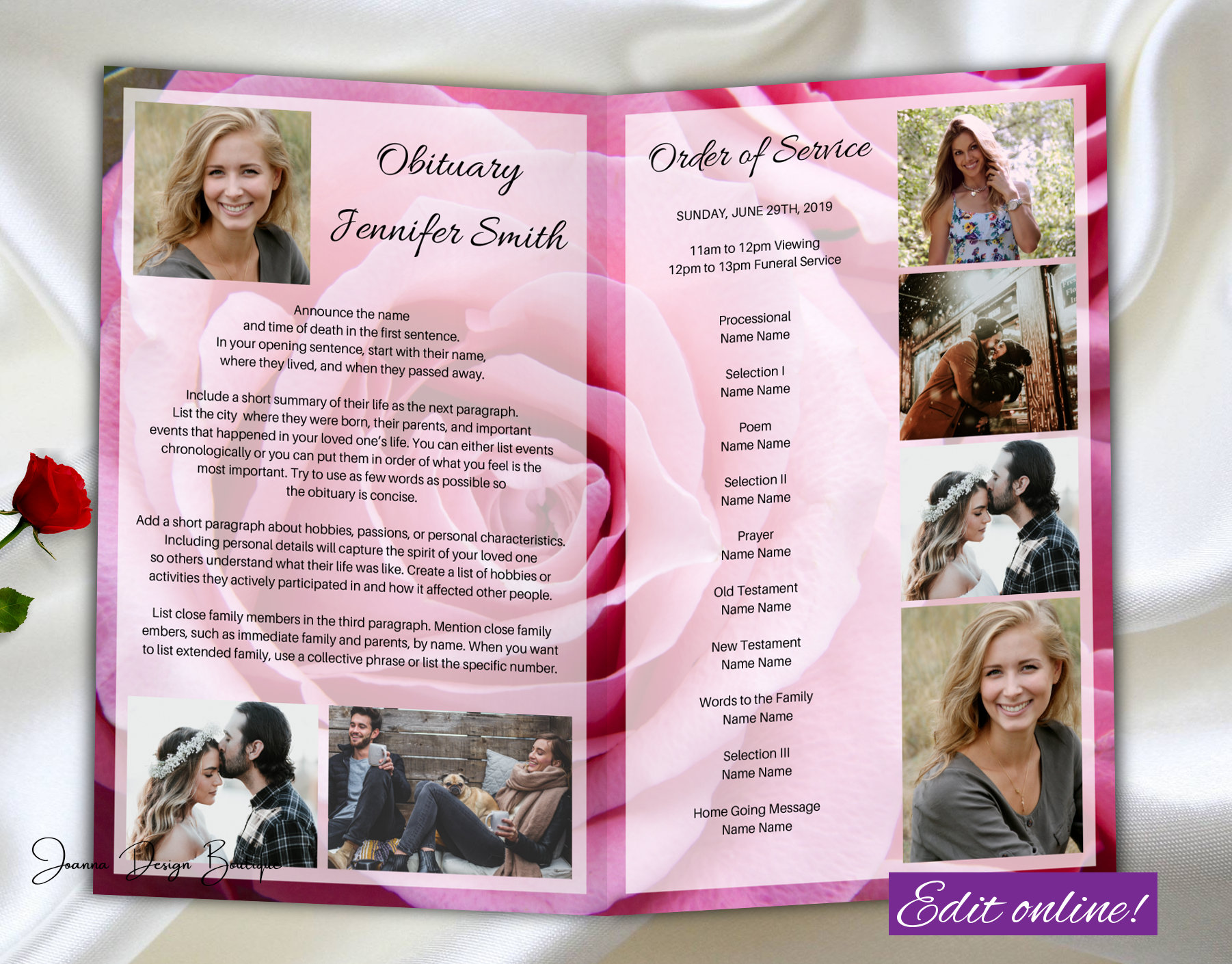 Roses Funeral Program Template Funeral Program for Women Etsy Canada