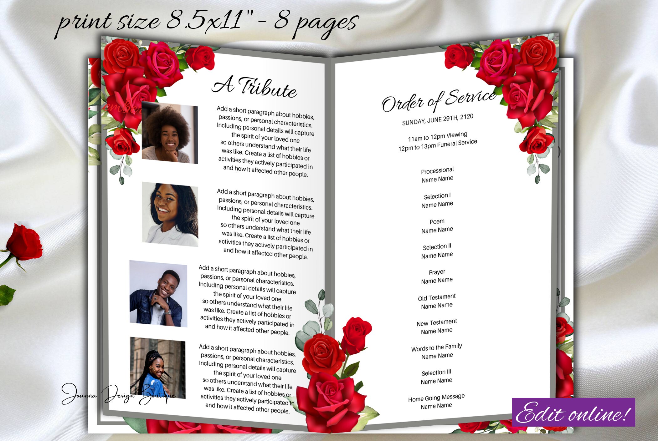 Red Roses Funeral Program Obituary Red Roses Silver Funeral Program ...