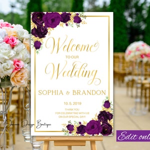 Eggplant Wedding welcome sign printable aubergine welcome Wedding sign printable gold welcome to our wedding sign plum gold welcome sign,19