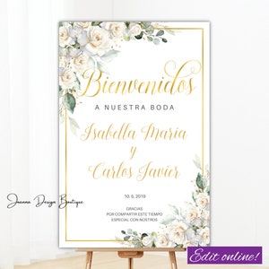 Letrero de bienvenida para boda con rosas blancas, Bienvenidos a nuestra boda en español, crema blanca, rosas de marfil, flores verdes, letrero de bienvenida para boda, 178bbo