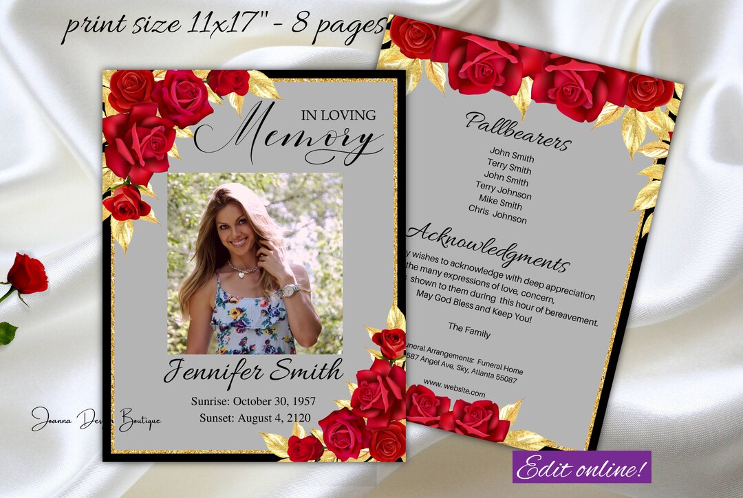Red Roses Funeral Program Red Gold Black Obituary Tabloid Program ...