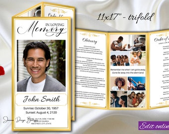 White Gold Funeral Program Template Trifold Gold Memorial Service Program Gold Obituary Ledger 11x17 Order of Service Memory Male Tabloid