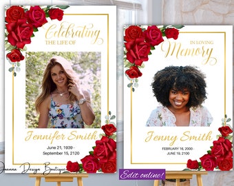 Funeral Welcome Sign Red Roses Funeral Welcome Poster Floral Memorial Service Welcome Sign Template for Women Obituary Memorial Sign Female