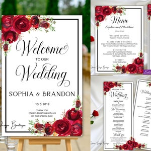 Red Roses Wedding Set Bundle Red Flowers Roses Wedding Welcome Sign Red Black Wedding bundle set Red Roses Wedding Program Menu template,16a