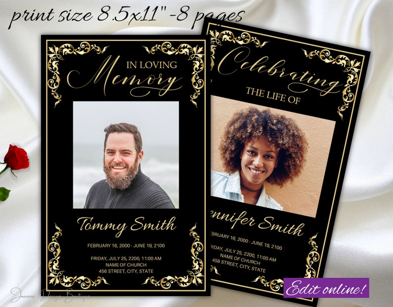 May include: Two black and gold memorial cards with a photo of a person on each. The top card says "In Loving Memory" and the bottom card says "Celebrating The Life Of". Both cards have a gold ornate border and include the name, dates, and location of the memorial service.