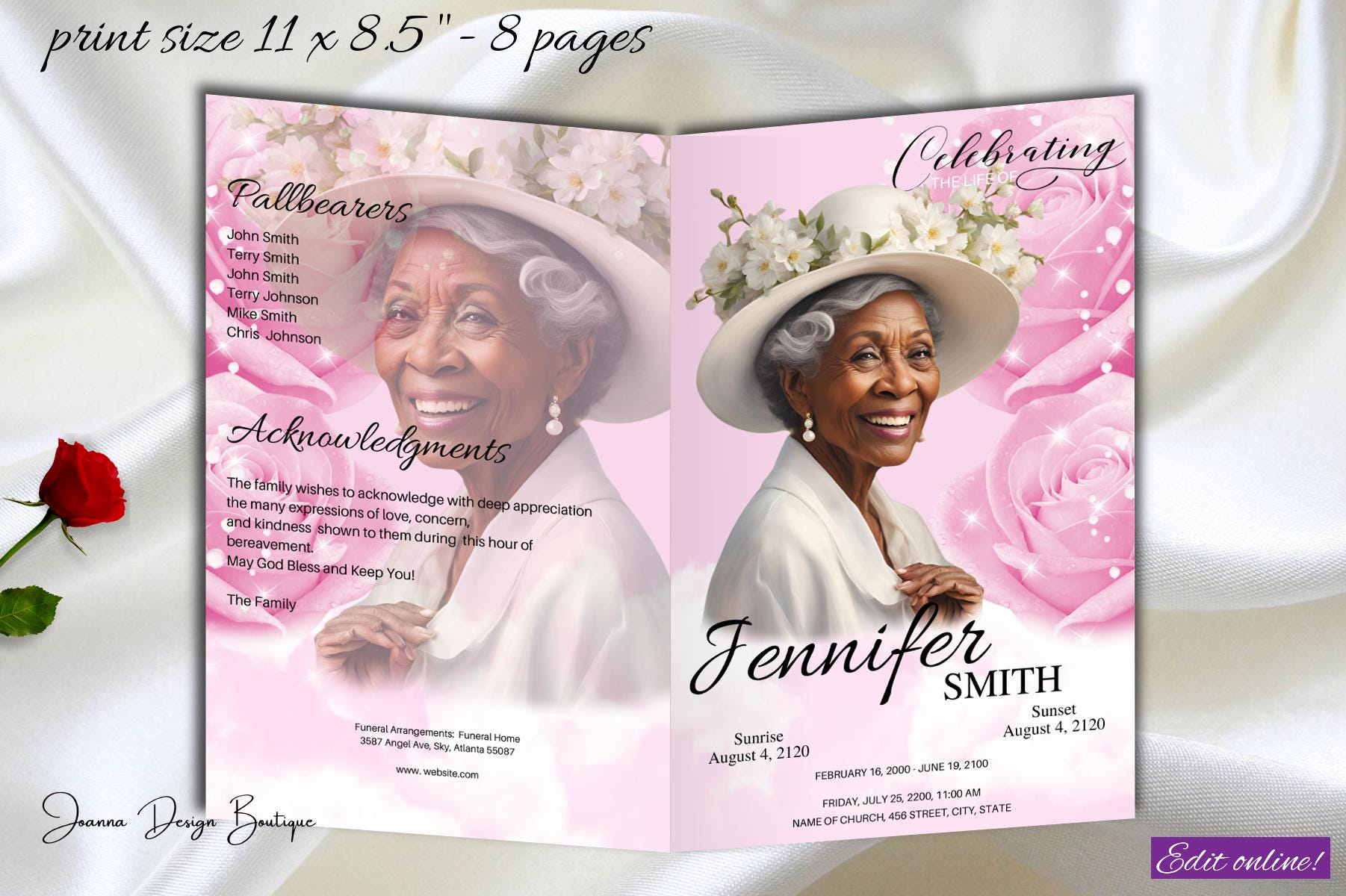 Pink Roses Funeral Program Pink Sky Obituary Funeral Program Heaven ...