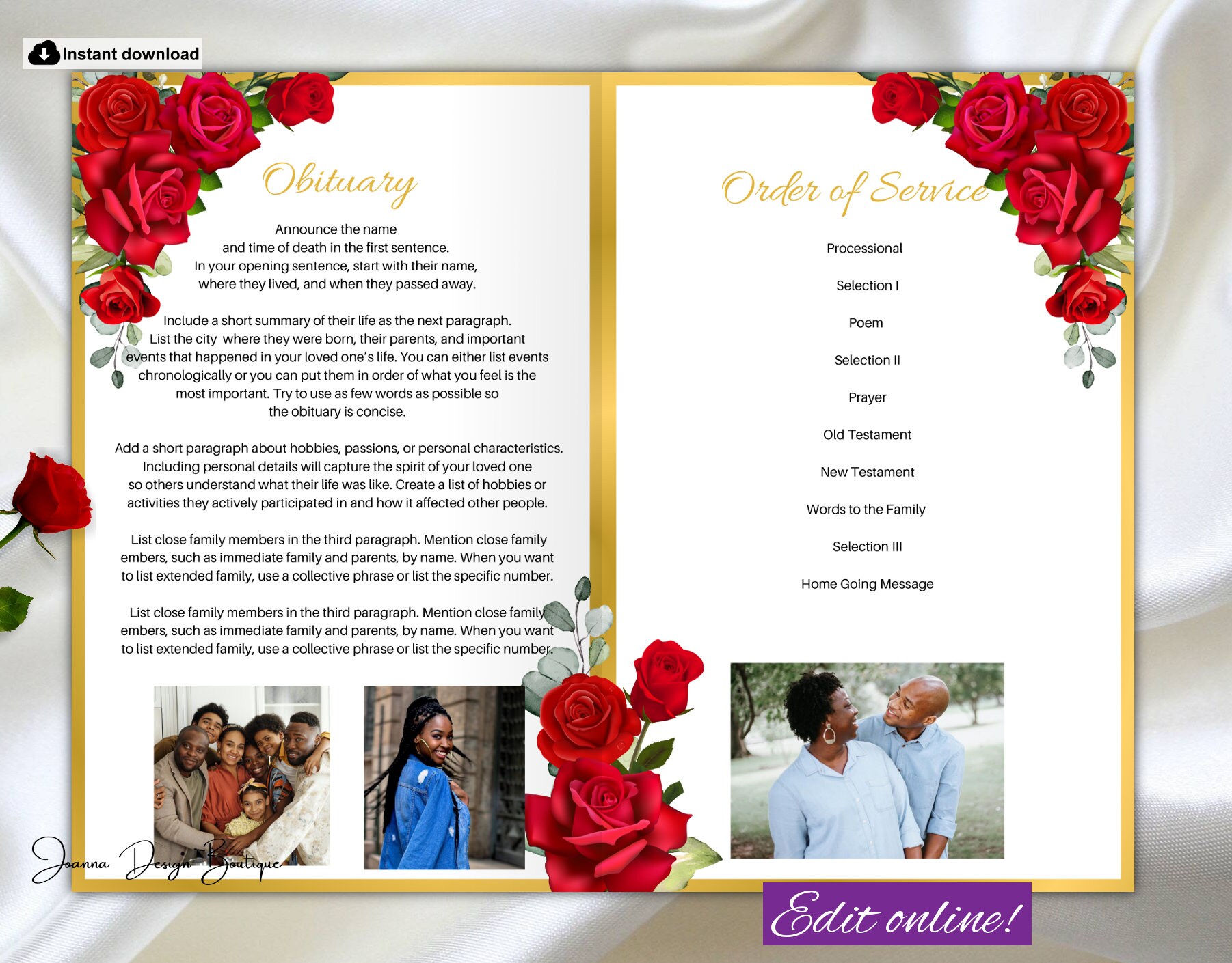 Red Roses Funeral Program Obituary for Women Red Roses Obituary Funeral ...