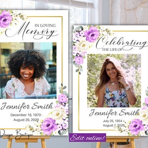 Purple Roses Funeral Welcome Sign Celebration of Life Sign Memorial Service Poster Funeral Poster for Women Memorial Sign Obituary,144f