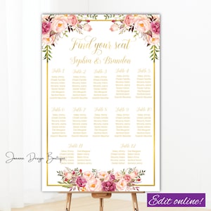 Blush Flowers zitkaart lichtroze bloemen gouden bruiloft zitkaart Bloemen blozen roze zitkaart alfabetisch boho tafelplan, 31g