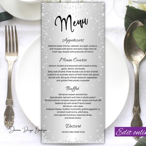Menu de prata com diamantes, chá de diamantes, aniversário, casamento, cartão de menu, brilho, glamour, diamantes, chá de menu, menu de ensaio, 15