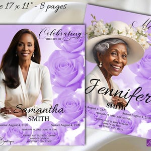 May include: Two memorial cards with photos of women, surrounded by purple roses. The cards read "Celebrating the Life of Samantha Smith" and "In Loving Memory Jennifer Smith." The cards include dates and locations. The print size is 17 x 11 inches.