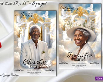 Heavenly White Gold Blue Sky Obituary Funeral Program Male Gate to Heaven Sky Obituary Female Celebration of Life Order of Servic Man,1-003f