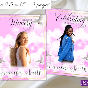 Pink Sky Obituary Funeral Program 8 pages Dove Heaven Obituary Celebration of Life Program Mom Obituary Order of Service Woman 8.5x11,1-001f