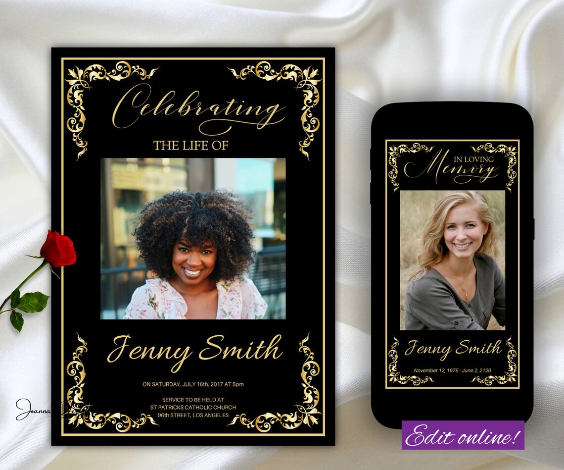 Black Gold Funeral Invitation Template Electronic Dygnity Memorial ...