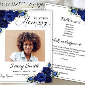 Navy Blue Roses Funeral Program Obituary Template Ledger Obituary Memorial Service Program Blue flowers Memory Order of Service male,1-003f