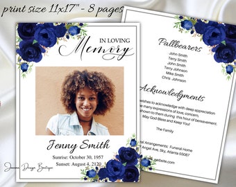 Navy Blue Roses Funeral Program Template 8 Page Ledger Obituary 11x17 Memorial Service Program Blue flowers Memory Order of Service male