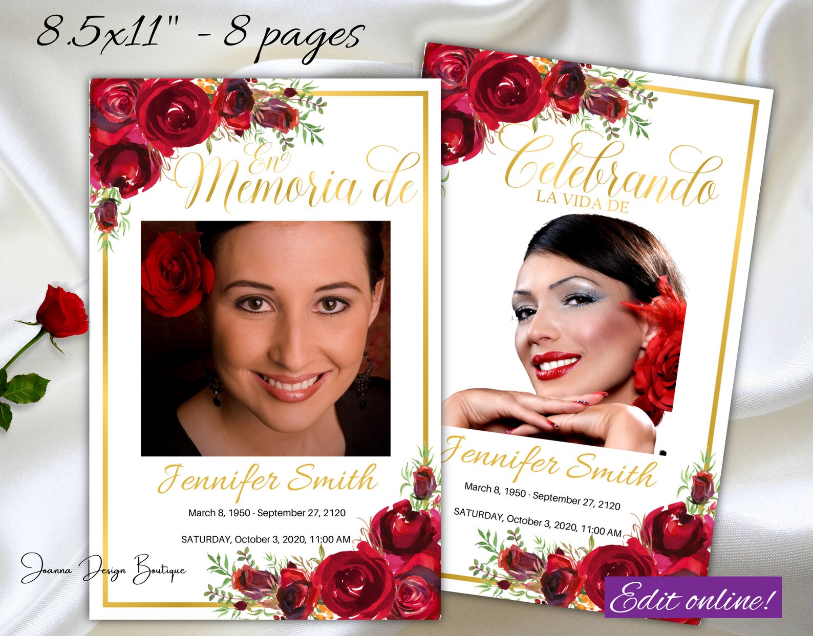 En Memoria De Funeral Program Template Red Roses Spanish Funeral