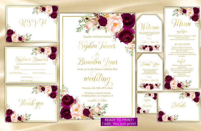 Burgundy Wedding invitation suite printable gold Wedding Invitation set printable marsala wedding invitation set suite personalized menu,61c