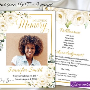 Programa funerario White Roses Plantilla 11x17 Programa funerario Tabloide Floral Memorial Service Program 8 páginas Roses Obituary Memorial, 123f