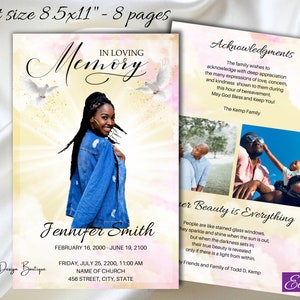 Heavenly Obituary Funeral Program Template 8 Pages Gold Sky Funeral Program Memorial Service Memory Order of Service Dove Obituary,0-069f