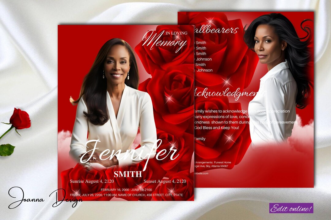 Red Roses Funeral Program Obituary Template Red Sky Funeral Program ...